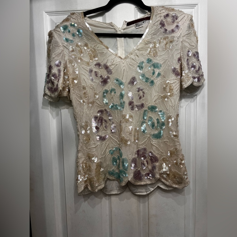 Vintage Emma Black 100% silk sequin embroidered top. Size S